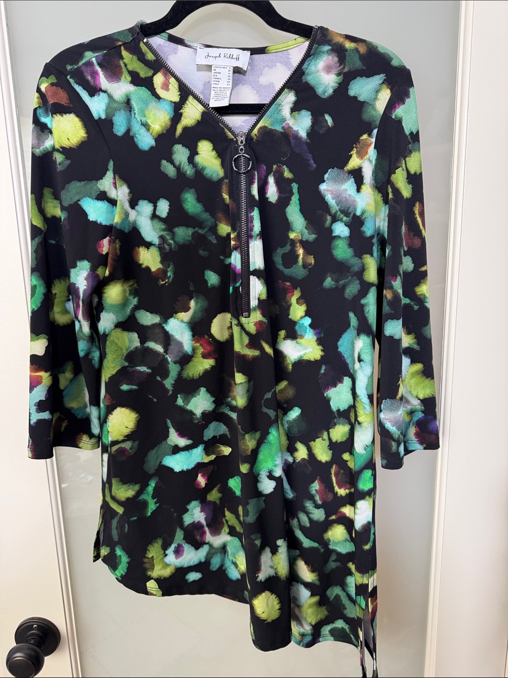 Joseph Ribkoff Black Multicolor Zip-Front Abstract Print Tunic